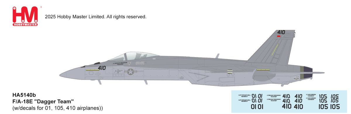 HA5140B | Hobby Master Military 1:72 | General Dynamics F/A-18E Super Hornet “Dagger Team” (w/decals for 01, 105, 410 airplanes) | was due July 2025