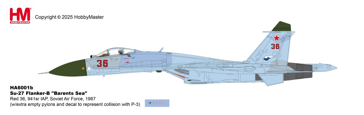 HA6001b | Hobby Master Military 1:72 | Su-27 Flanker-B Barents Sea  Red 36, 941sr IAP, Soviet Air Force, 1987 (w/extra empty pylons and decal to represent collision with P-3) | is due August 2025