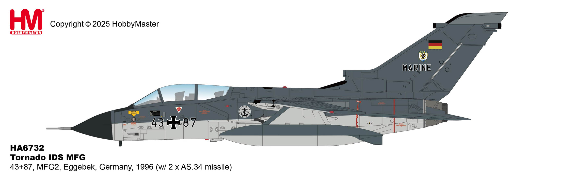 HA6732 | Hobby Master Military 1:72 | Tornado IDS MFG 43+87, MFG2, Eggebek, Germany, 1996 (w/ 2 x AS.34 missile) | is due October 2025