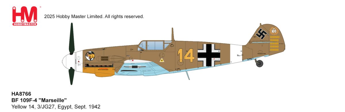 HA8766 | Hobby Master Military 1:72 | BF 109F-4 Marseille Yellow 14, 3/JG27, Egypt, Sept. 1942 | is due October 2025