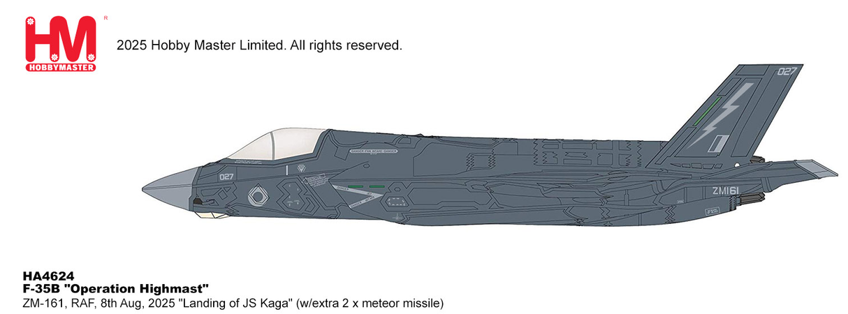 HA4624 | Hobby Master Military 1:72 | F35B Lightning II, Operation Highmast ZM-161, RAF, 8th Aug, 2025 Landing of JS Kaga (w/extra 2 x meteor inside weapon bay) | is due October 2025