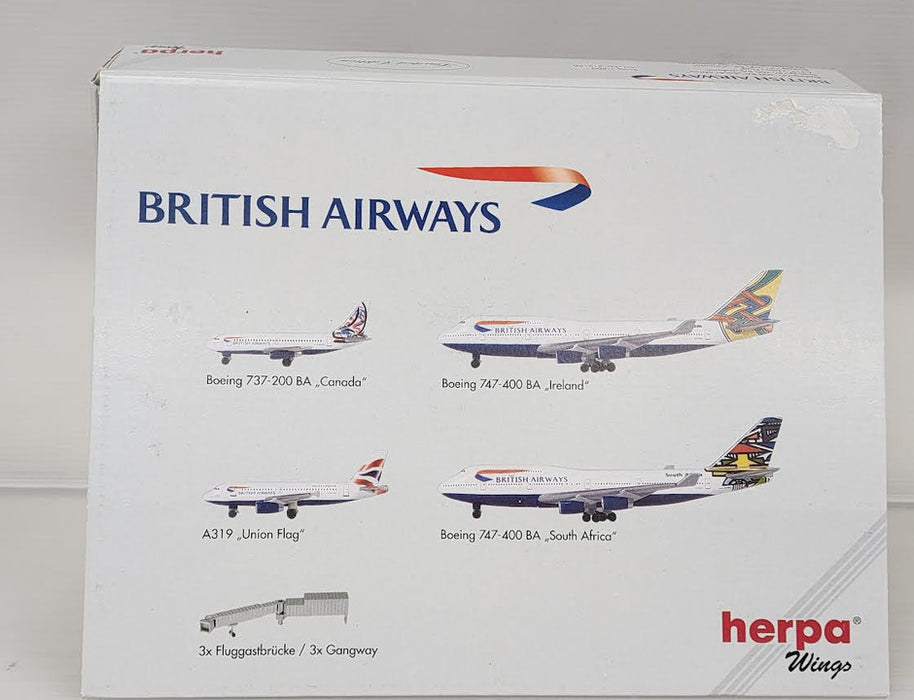 512190 | Herpa Wings 1:500 | British Airways Set (737, 747 x 2, A319, Gangway x 3)