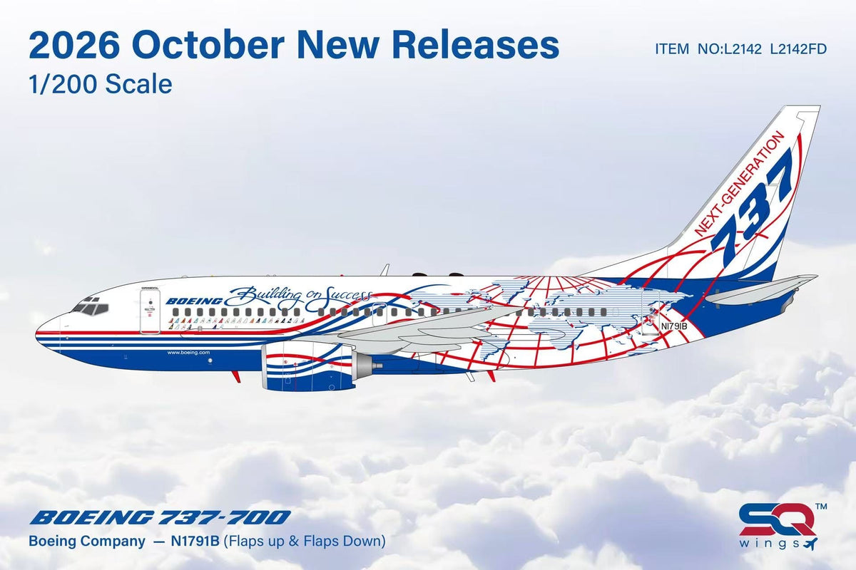 L2142FD | SQ Wings 1:200 | Boeing 737-700 Boeing House Colours N1791B 'Building on Success' Flaps Down | is due October 2026