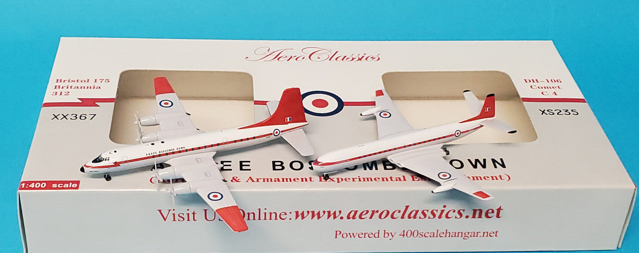 ACBOS | Aero Classics 1:400 | Britannia & DH 106 Comet Set A&AEE Boscombe Down (AAEE) Red Tail and Cheatline Scheme: 'Team Spirit' XX367 and 'Canopus' XS235