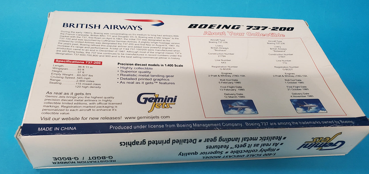 GJBAWSET1 | Gemini Jets 1:400 1:400 | Boeing 737-200 Set British Airways (Botswana and Germany tails - 2 models)