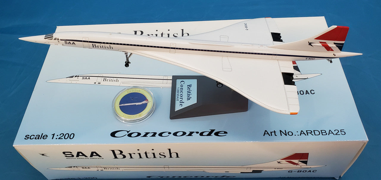 ARDBA25 | ARD Models 1:200 | Concorde British Airways G-BOAC, 'SAA' (with stand and collector coin)