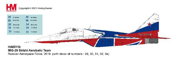 HA6511B | Hobby Master Military 1:72 | MiG-29 31 Strizhi Aerobatic Team tail decals for aircraft 29,30,31.32 and 34