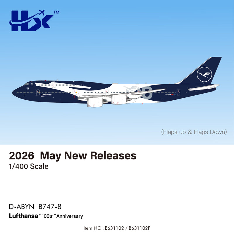 B631102F | HX Models 1:400 | Lufthansa Boeing B747-8 D-ABYN "100th Anniversary" Flaps Down | is due July 2026