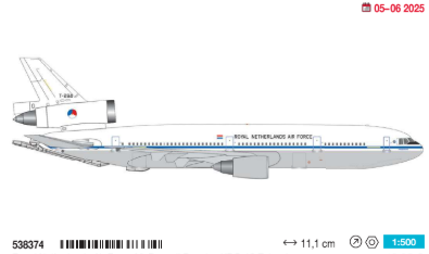 538374 | Herpa Military 1:500 | Royal Netherlands Air Force McDonnell Douglas KDC-10 Extender - 334 Squadron, Eindhoven Air Base – T-264 “Prins Bernhard” | is due April 2025