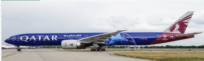 XX20819A | JC Wings 1:200 | Boeing 777-300ER Qatar Airways UEFA Champions League A7-BED Flaps Down | is due July 2025
