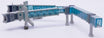 Blue air passenger bridge model designed for Boeing 747 aircraft.