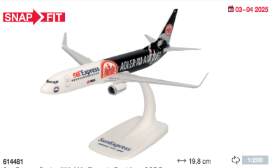 614481 | Herpa Snap-Fit (Wooster) 1:200 | Boeing 737-800 Sun Express Eintracht Frankfurt - SGE Express Adler im Anflug – TC-SPM