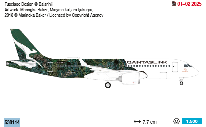 538114 | Herpa Wings 1:500 | Airbus A220-300 QantasLink Flying Art Series – VH-X4A Minyma Kutjara Tjukurpa | was due January 2025