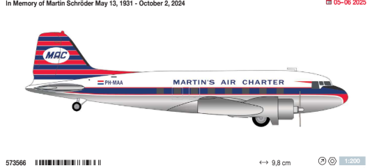 573566 | Herpa Wings 1:200 | Martin‘s Air Charter Douglas DC-3 – PH-MAA | is due April 2025