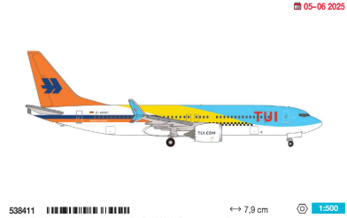 538411 | Herpa Wings 1:500 | TUIfly Boeing 737 Max 8 “50 Jahre” – D-AMAH “Fuerteventura”  | is due April 2025