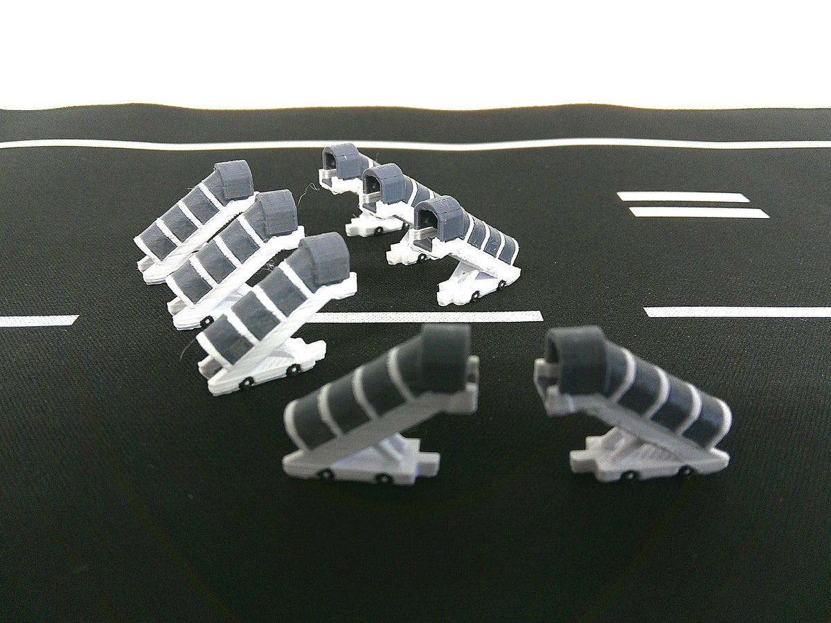 Set of eight white wide covered aircraft stairs for 1:400 scale airport dioramas.