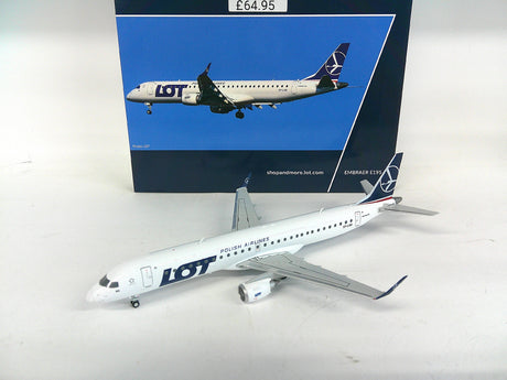Herpa Wings 1:200 scale die-cast model of an Embraer E195 aircraft in LOT Polish Airlines livery.