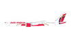 Boeing 777-9 aircraft model in Air India livery with folded wingtips displayed.