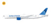 Boeing 777-200ER die-cast aircraft model in United Airlines livery with flaps down position.