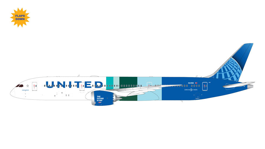 G2UAL1395F | Gemini200 1:200 | Boeing 787-9 United Airlines N24988 The Future is SAF (flaps down) | is due July 2025