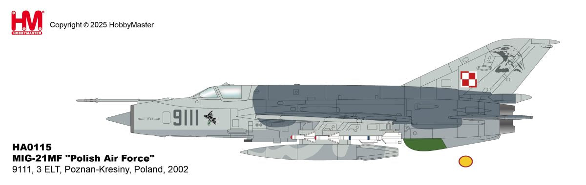 HA0115 | Hobby Master Military 1:72 | MIG-21MF Polish Air Force 9111, 3 ELT, Poznan-Kresiny, Poland, 2002 | is due June 2025