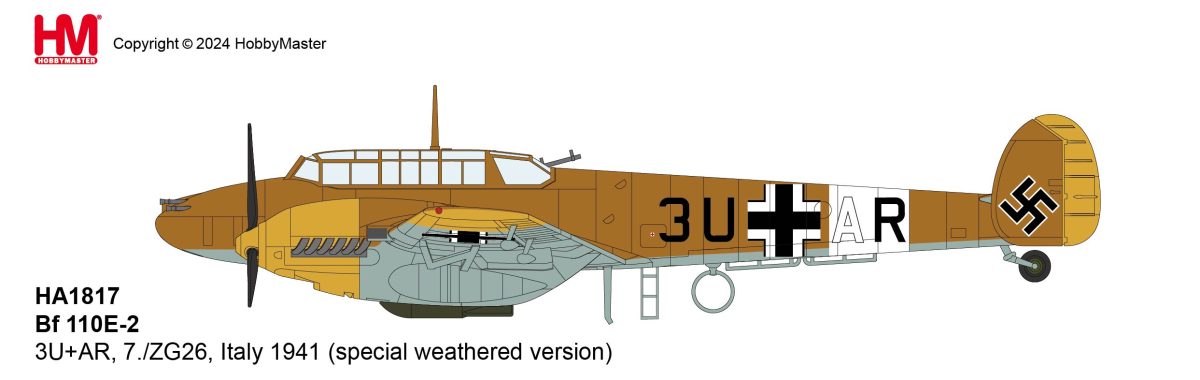 HA1817 | Hobby Master Military 1:72 | BF 110E-2 3U+AR, 7./ZG 26, Italy 1941 (special weathered version) | is due July 2025