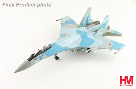 Su-35S Flanker E fighter jet model in blue livery with full weapon load and display stand.
