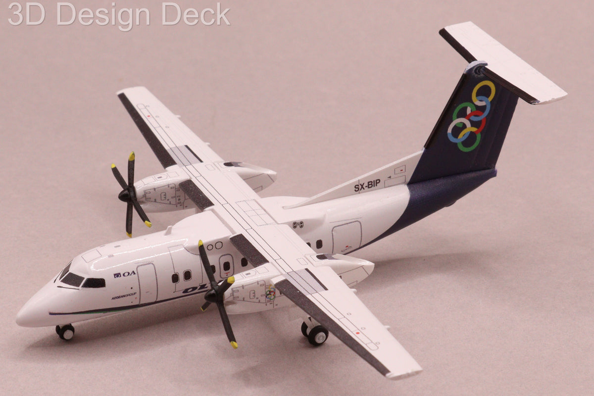 A 1:200 scale model aircraft of a Dash 8 Q100 in Olympic Air SX-BIP livery.