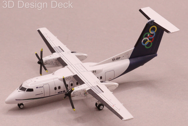 A 1:200 scale model aircraft of a Dash 8 Q100 in Olympic Air SX-BIP livery.
