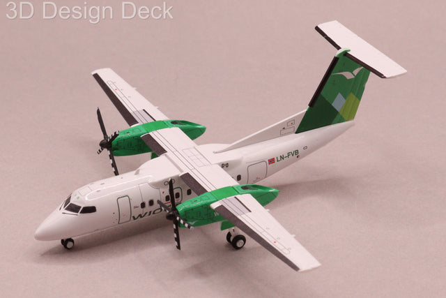 A 1:200 scale Dash 8 Q100 Widerøe LN-FVB aircraft model by 3D Design Deck.