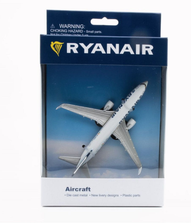 A die-cast metal model of a Ryanair Boeing 737-800 aircraft, packaged in a box with the Ryanair logo.