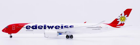 Airbus A350-900XWB diecast model aircraft in Edelweiss livery with flaps down position.