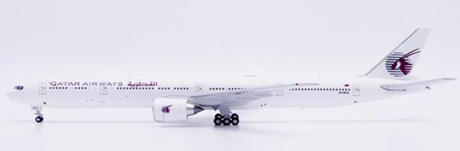 JC Wings 1:400 scale Boeing 777-300ER Qatar Airways die-cast aircraft model with flaps down.