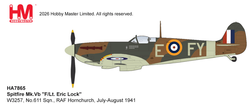 HA7865 | Hobby Master 1:48 | Diecast "Spitfire Mk.Vb ""F/Lt. Eric Lock""  W3257, No.611 Sqn., RAF Hornchurch,  July-August 1941" Fighter Sweeps | is due June 2026