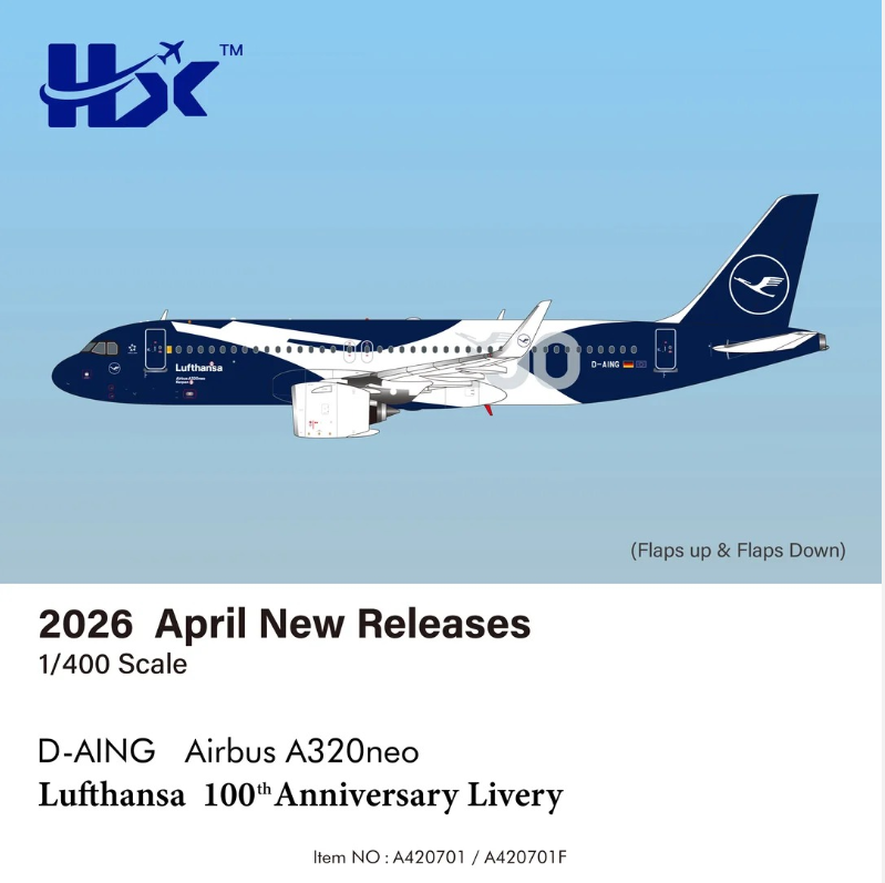 A420701F HX Models 1:400 Airbus A320neo Lufthansa D-AING 100th Anniversary Flaps Down