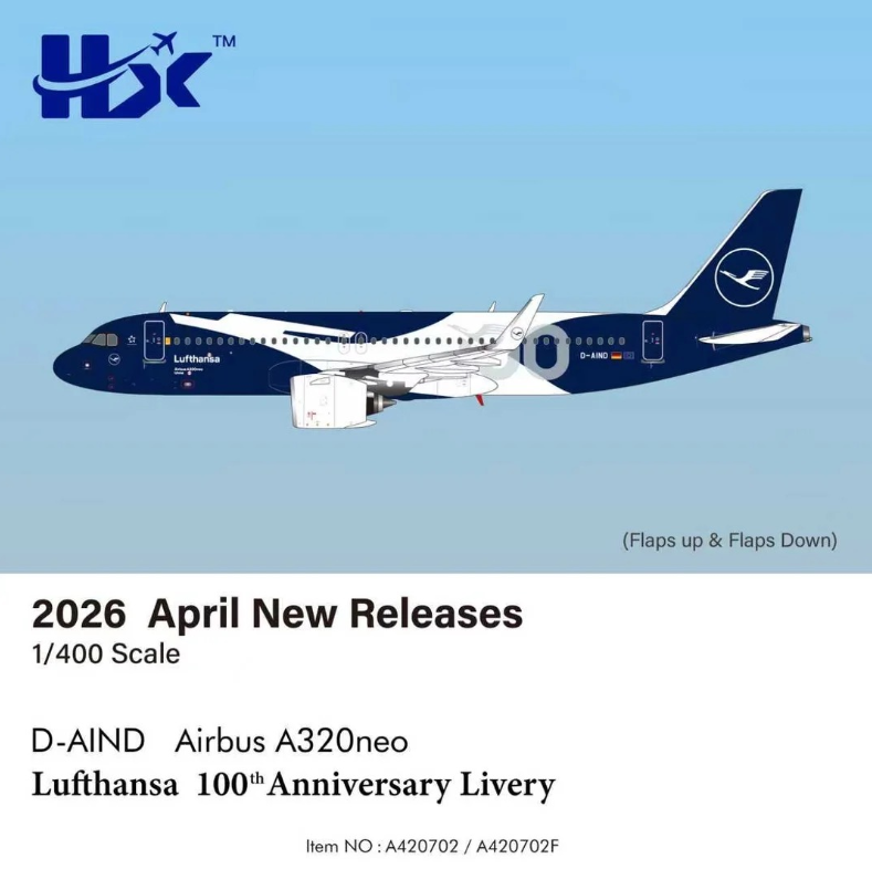 A420702F HX Models 1:400 Airbus A320neo Lufthansa D-AIND 100th Anniversary Flaps Down