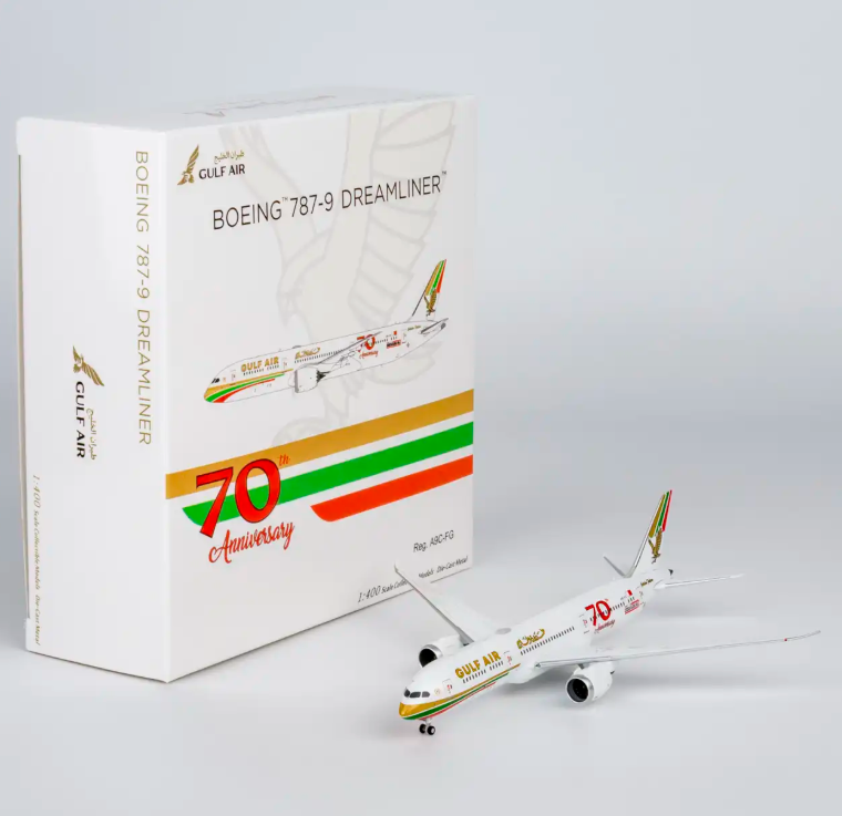 NG55157 | NG Models 1:400 | Boeing 787-9 Dreamliner Gulf Air A9C-FG 1976 retro cs, "70 Years" sticker