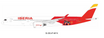 Die-cast metal Iberia Airbus A350-941 model airplane on a gold stand.