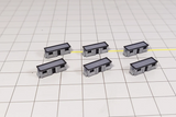 Set of six black and grey plastic 1:400 scale portable cabins for airport dioramas.