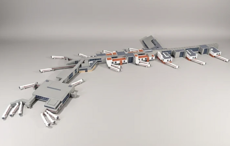 London Heathrow Terminal 3 1:400 scale 3D printed model diorama building with bridges.