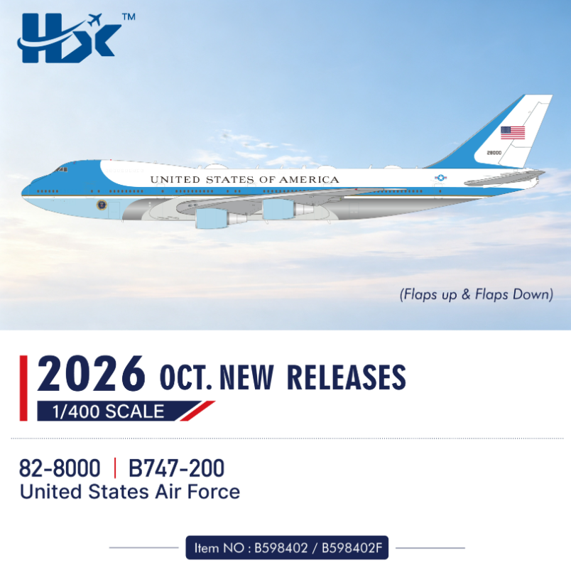 B598402F | HX Models 1:400 | Boeing 747-200 Air Force One 92-8000, Flaps Down | is due November 2026