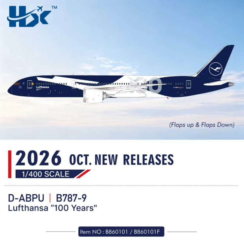 B860101 | HX Models 1:400 | Boeing 787-9 Lufthansa D-ABPU 100th Anniversary | is due November 2026