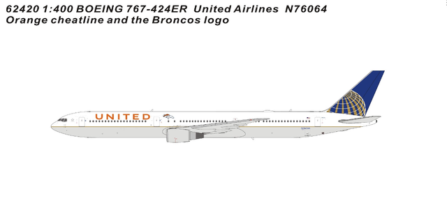 PM62420 | Panda Models 1:400 | Boeing 767-424ER United Airlines Orange cheatline and the Broncos logo N76064
