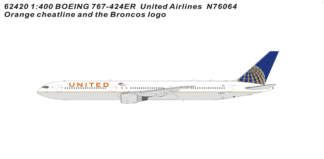 PM62420 | Panda Models 1:400 | Boeing 767-424ER United Airlines Orange cheatline and the Broncos logo N76064