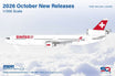 Die-cast McDonnell Douglas MD-11 Swiss model with a dark blue belly and red tailfin with white cross.
