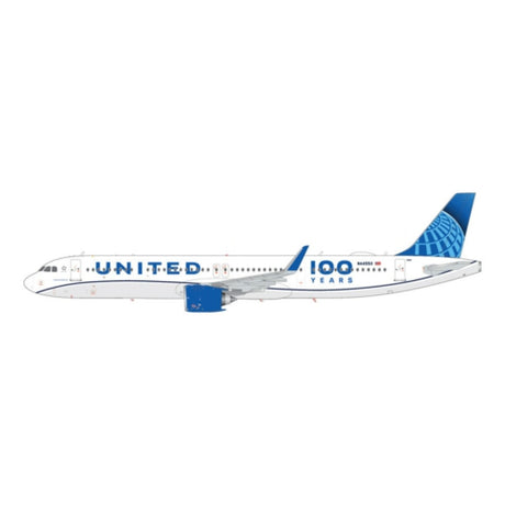 Die-cast GeminiJets 1:200 model of a United Airlines Airbus A321neo in 100 Years livery.
