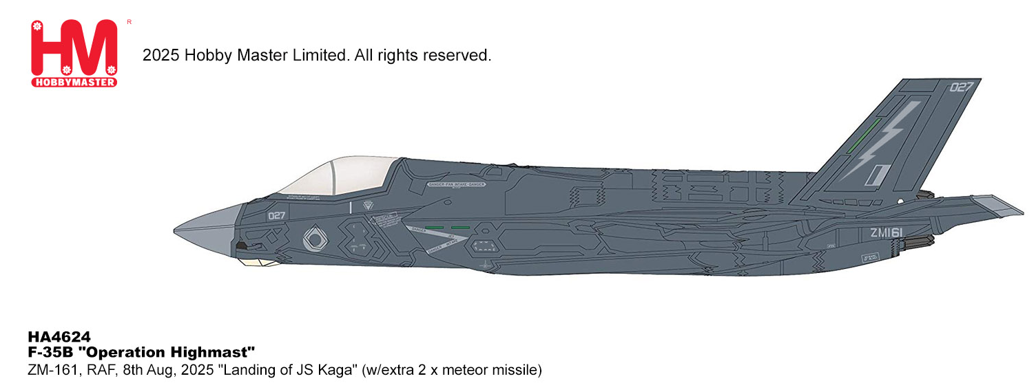 HA4624 | Hobby Master Military 1:72 | F35B Lightning II, Operation Highmast ZM-161, RAF, 8th Aug, 2025 Landing of JS Kaga (w/extra 2 x meteor inside weapon bay) | is due October 2025