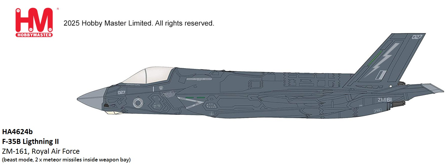 HA4624b | Hobby Master Military 1:72 | F35B Lightning II, ZM-161, Royal Air Force (beast mode, 2 x meteor missiles inside weapon bay) | is due October 2025