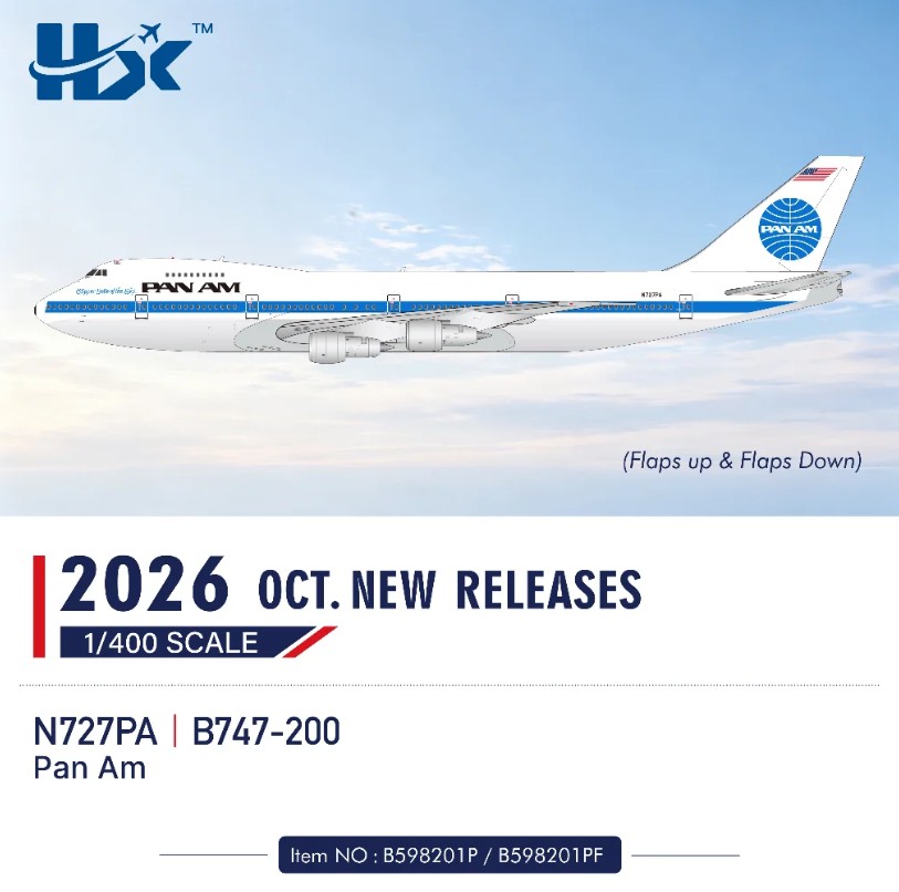 B598201PF | HX Models 1:400 | Boeing 747-200 Pan Am N727PA Clipper Belle of the Sky, Flaps Down | is due November 2026