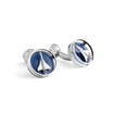 Rhodium-plated cufflinks featuring a rotating Concorde plane on a textured enamel background.